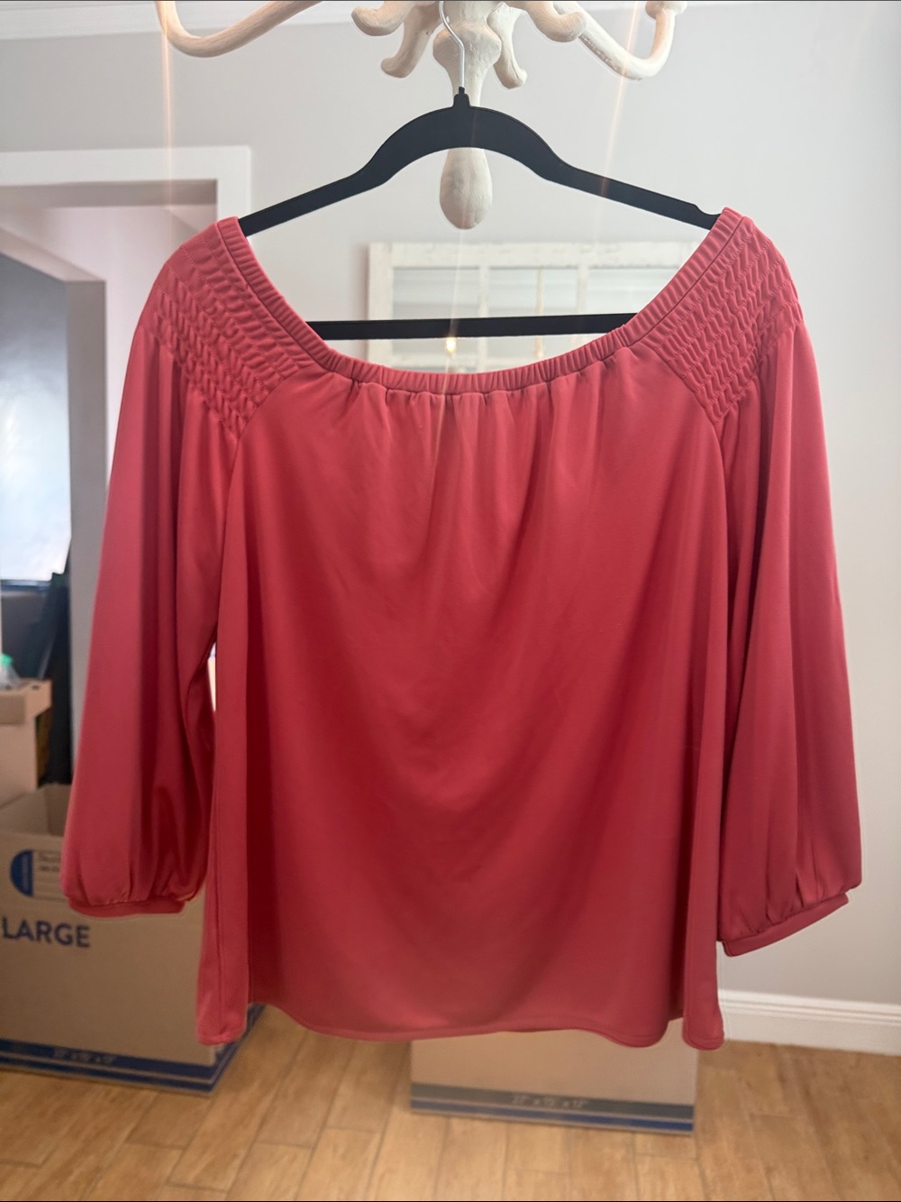 Women’s Off-Shoulder Smocked Yoke Top in Coral
